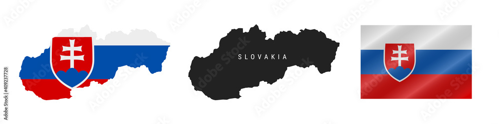 Slovakia. Map with masked flag. Detailed silhouette. Waving flag. Vector illustration isolated on white.