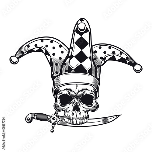 Creepy clown emblem design. Monochrome element with skull in jokers cap and dagger vector illustration. Horror and evil concept for symbols or tattoo templates