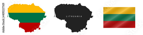 Lithuania. Map with masked flag. Detailed silhouette. Waving flag. Vector illustration isolated on white.
