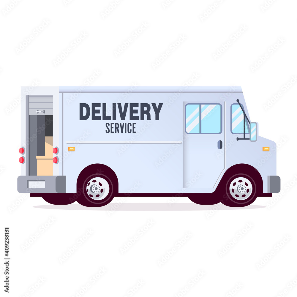 White delivery truck filled with boxes. Isolated on a white background. Flat style White delivery truck filled with boxes. Isolated on a white background. Flat style