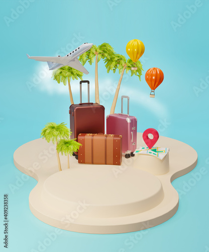 Journey planning with tourist outfit on blue background. Suitcases on the podium, near palm trees, map, plane, hot air balloon flight. 3d illustration for travel.