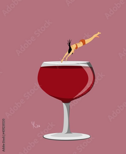 Vector illustration, with the image of a girl who dives into a glass of wine , she wants to relax. Mood : Friday. The dirty pink background is soothing, and the wine glass is a bright accent on the il