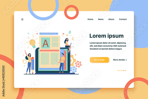 Content author or writer job concept. Freelance blogger at laptop writing creative article, editing text. Vector illustration for blogging, seo marketing, online education topics