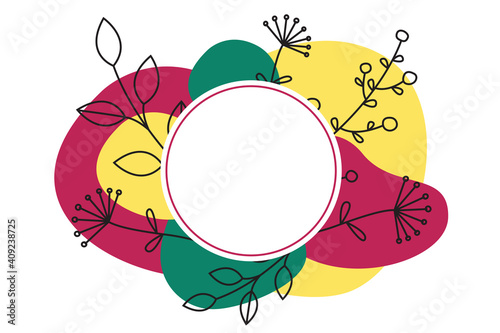 Abstract modern banner with shapes, branch of leaf and flower. Circle frame with copy space. Flat vector illustration isolated on white background. 