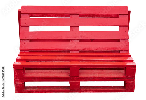 Wooden outdoor bench made from industrial pallets. Isolated on white. Pallet furniture do it yourself 