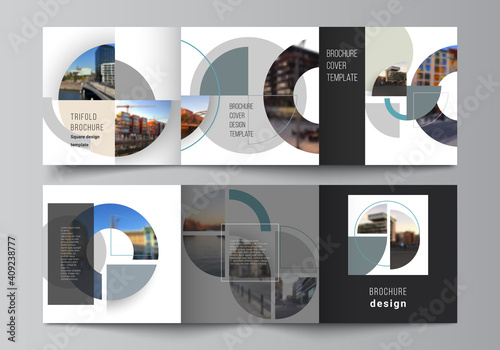 Vector layout of square covers design templates for trifold brochure, flyer, cover design, book, brochure cover. Background with abstract circle round banners. Corporate business concept template.