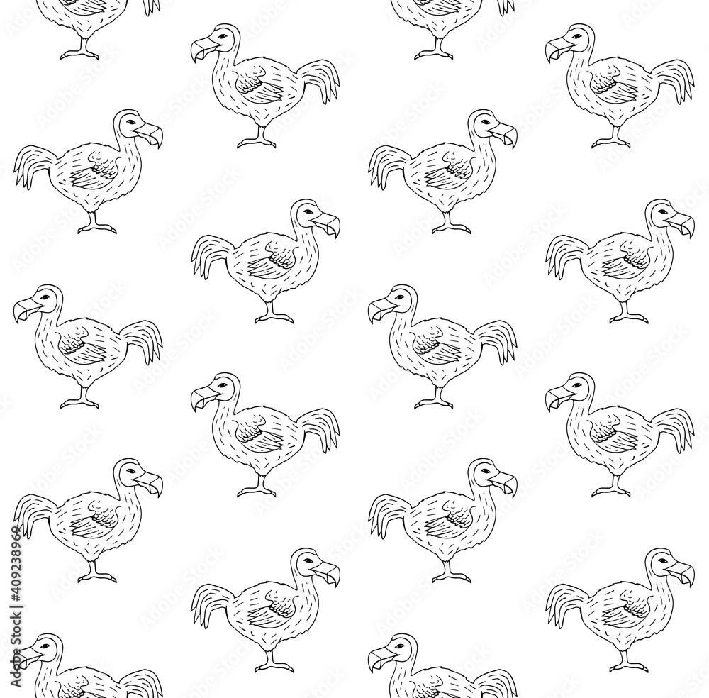 Vector seamless pattern of hand drawn doodle sketch dodo bird isolated on white background