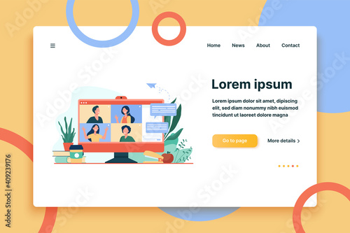 Desktop with virtual meeting or videoconference isolated flat vector illustration. Cartoon people on computer screen talking with colleagues online. Collective chat and digital technology concept