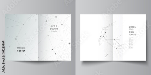 Vector layout of two A4 cover mockups templates for bifold brochure, flyer, magazine, cover design, book design. Gray technology background with connecting lines and dots. Network concept.
