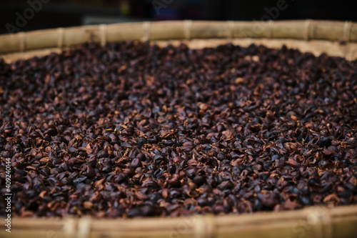 Cascara coffee cherry tea made from dried skins of coffee plant berries. © Tavan
