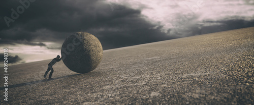 Fotografie, Obraz Man pushing a huge rock uphill, 3d rendering