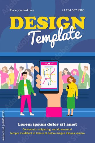 Hand holding smartphone with map of metro. Train, crowd, phone flat vector illustration. Transportation and navigation concept for banner, website design or landing web page