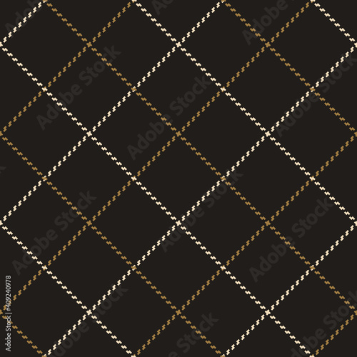 Windowpane pattern in black, gold brown, beige. Seamless dark textured stitched tartan check plaid graphic for flannel shirt, skirt, jacket, tablecloth, or other modern autumn winter textile design.
