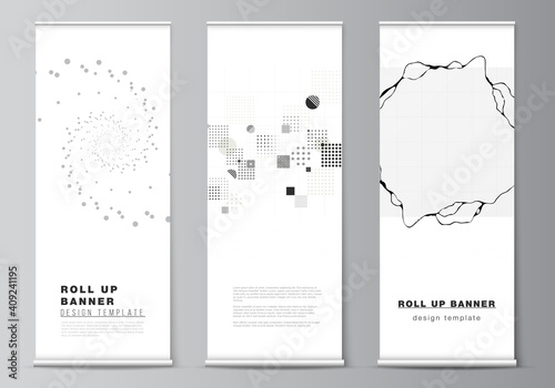 Vector layout of roll up mockup templates for vertical flyers, flags design templates, banner stands, advertising. Abstract technology black color science background. Digital data. High tech concept.
