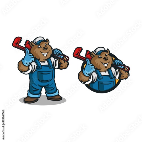 bear plumber logo mascot cartoon. vector illustration