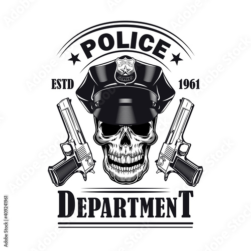 Old style emblem with policeman skull and pistols vector illustration. Monochrome badge with dead head of police officer. Law and order concept can be used for retro template, banner or poster