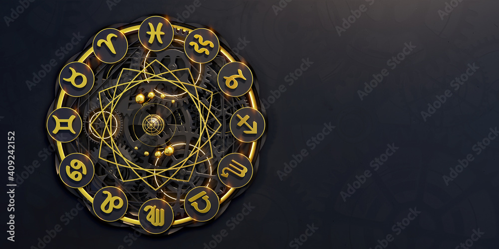 Golden black zodiac circle close up at front view on dark background with cog wheel pattern. Design of my own. 3D illustration. Golden black zodiac circle close up at front view on dark background with cog wheel pattern. Design of my own. 3D illustration.