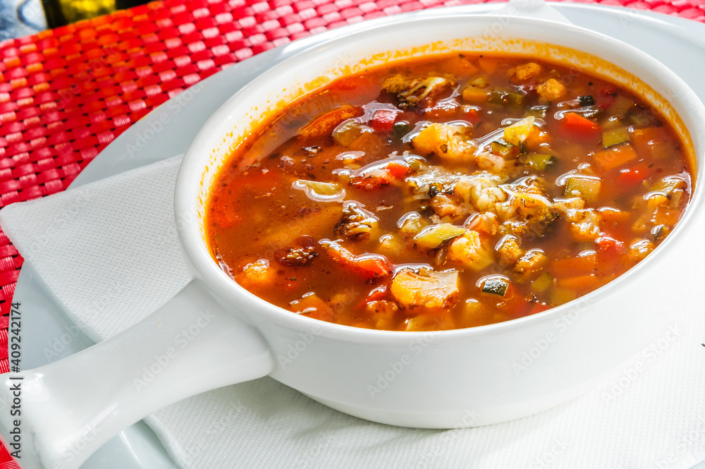 Vegetable tomato soup with cauliflower, onions, carrots Vegetable tomato soup with cauliflower, onions, carrots