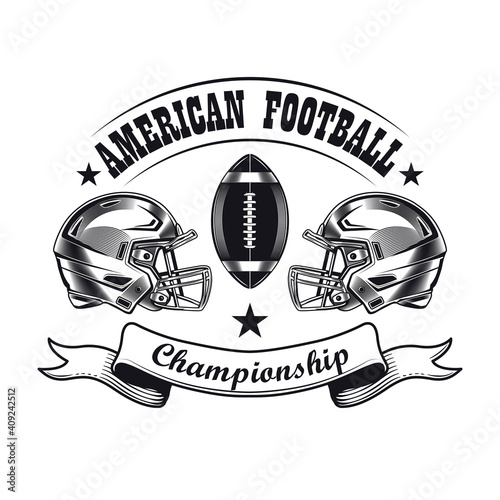 American football championship symbol design. Monochrome element with players helmets and oval ball vector illustration with text. American football concept for stamps and emblems templates
