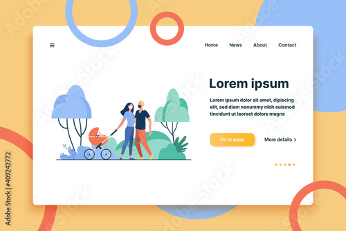Family with baby in pram wearing masks. Kid, buggy, park flat vector illustration. Pandemic and protection concept for banner, website design or landing web page
