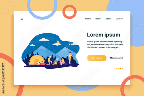 Children at campfire in mountain forest flat vector illustration. Cartoon scouts camping, sitting near fire and frying marshmallow. Adventure and summer vacation concept