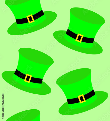 Vector seamless pattern of flat cartoon leprechaun hat isolated on green background. St Patric day illustration