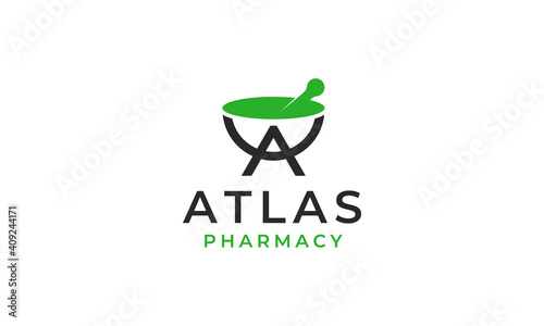 initial letter A with atlas shape and mortar pharmacy bowl medical health logo design template
