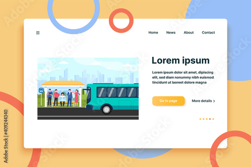 Cartoon passengers standing at bus stop flat vector illustration. Women and men waiting for public transport. Transportation, driving and conveyance concept