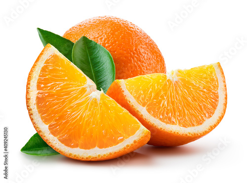 Orange fruit isolate. Orange citrus on white background. Whole orange fruit and a slice with leaves. Clipping path. Full depth of field.
