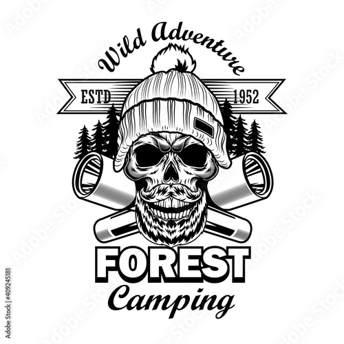 Forest camping label design. Monochrome element with skull in warm hat, flashlights, wood landscape vector illustration and text. Travel and adventure concept for stamps and emblems templates