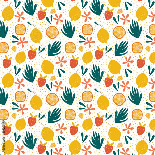 Exotic fruit seamless pattern in hand-drawn style. Fresh lemons, oranges, strawberries and bright flowers background. Vector repeat background good for printing.