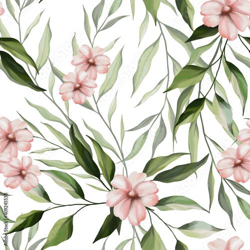 Watercolor floral seamless pattern. Delicate flowers, green leaves, branches on white background. Botanic wallpaper. Hand drawn artistic design for wrappers, cards, wedding invites, romantic events.