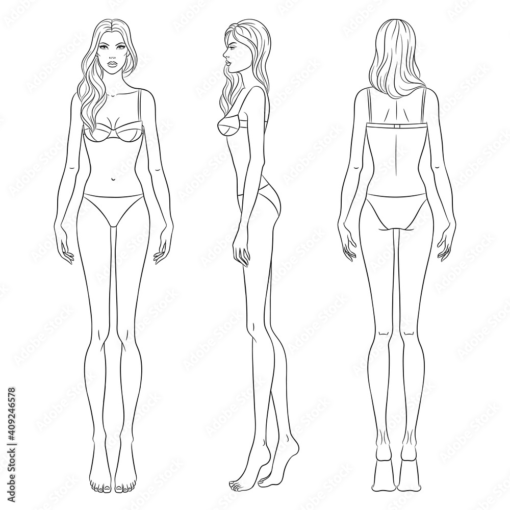 Women's figure sketch. Different poses. Template for drawing for designers  of clothes and constructors. Vector outline girl model template for fashion  sketching. Fashion illustration. Stock Vector | Adobe Stock