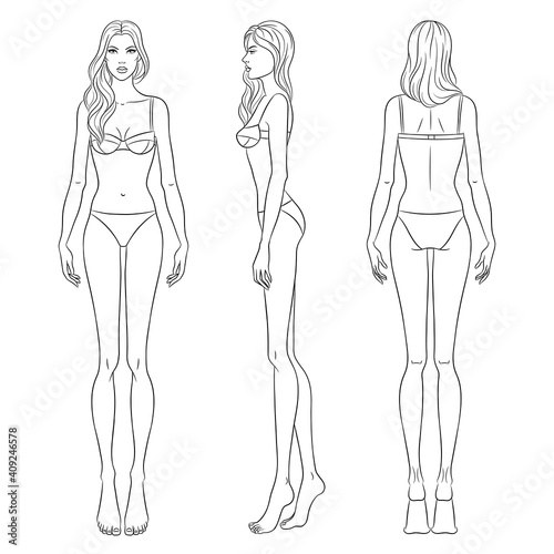 Beautiful slim woman in different poses, vector illustration. Nine head fashion figure template. Female body, front, side and back views.