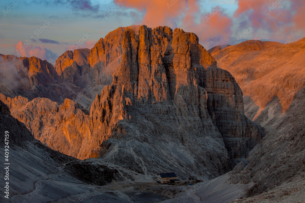 Italian Dolomites, Vajolet Towers at sunset