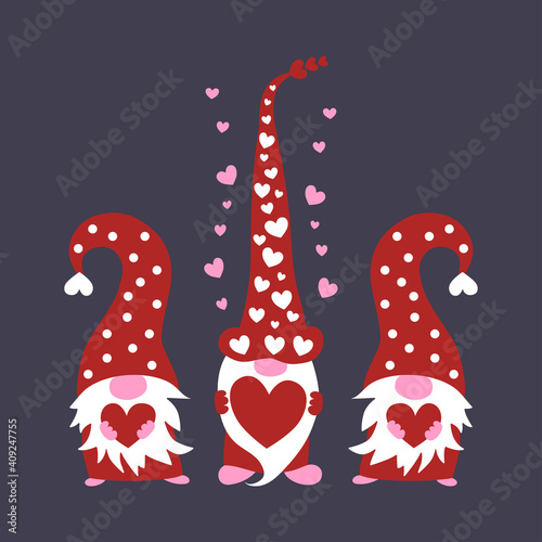 Cute three valentine gnomes holding hearts vector illustration. photo