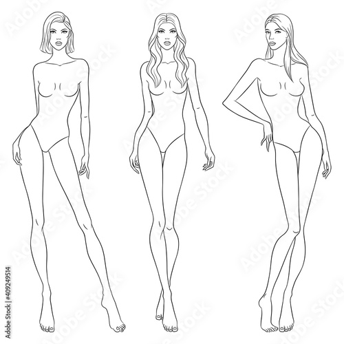 Beautiful slim women sketch, vector illustration. Nine head fashion figure templates. Fashion models walking on the podium.