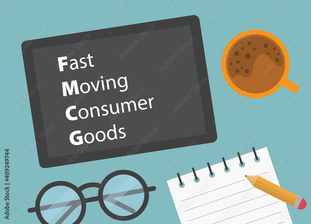 Naklejka premium FMCG Fast Moving Consumer Goods written on tablet screen- vector illustration