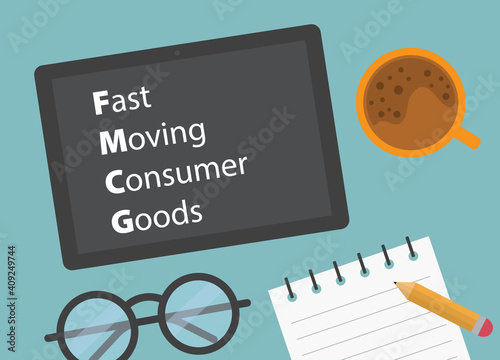 FMCG Fast Moving Consumer Goods written on tablet screen- vector illustration