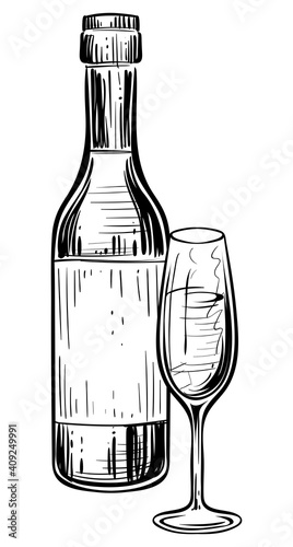 Wine bottle and two glasses, monochrome, vector