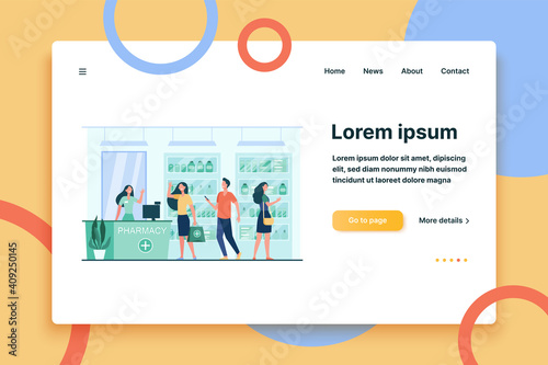 Customers and pharmacist in pharmacy store. People buying medication in drugstore. Flat vector illustration for service, treatment, pharmaceutics concept