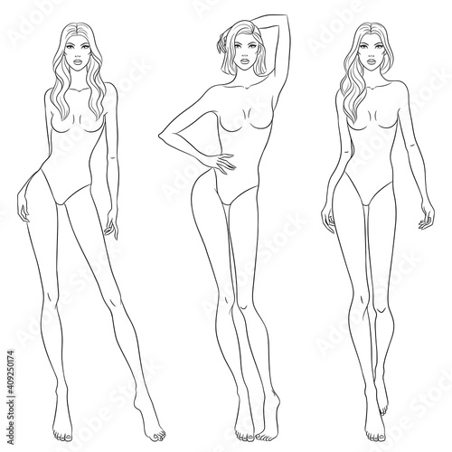 Beautiful slim women sketch, vector illustration. Nine head fashion figure templates. Fashion models walking on the podium.