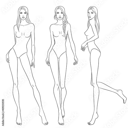 Beautiful slim women sketch, vector illustration. Nine head fashion figure templates. Fashion models walking on the podium.