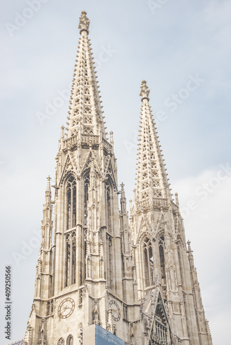 Bell towers of Votive Church in the historical and touristic downtown in Vienna  Austria.