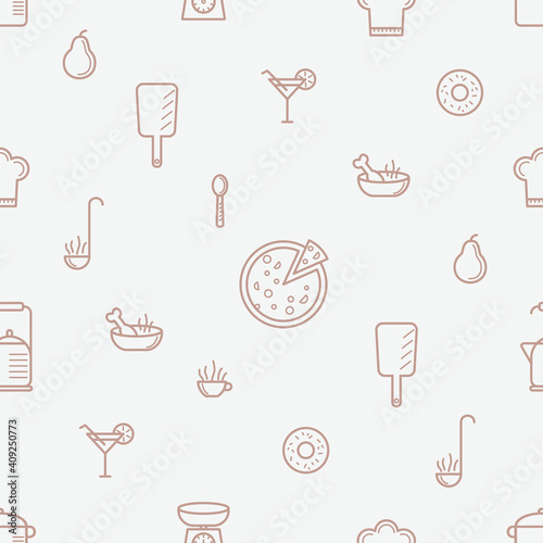 Seamless pattern with kitchenware is on creamy background. Save with the Clipping Mask.