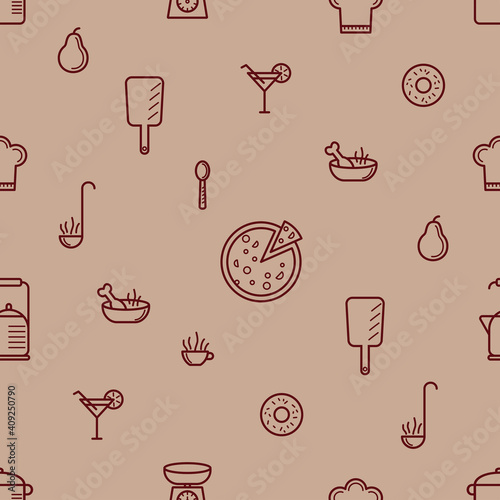 Seamless pattern with kitchenware is on brown background. Save with the Clipping Mask.