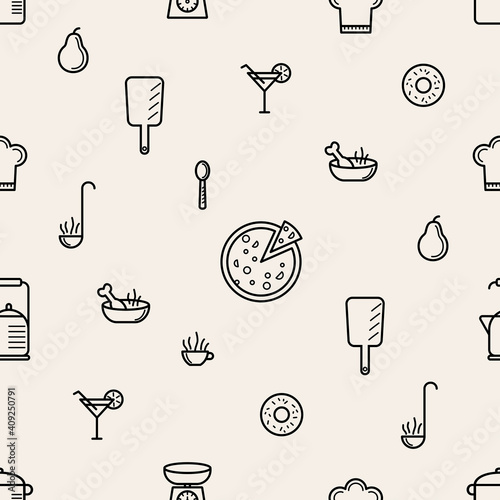 Seamless pattern with kitchenware is on beige background. Save with the Clipping Mask.