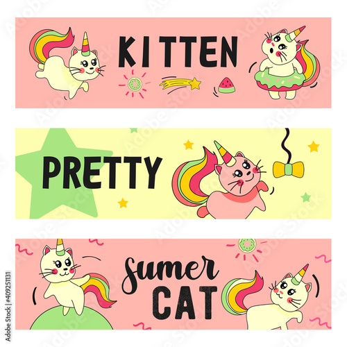 Unicorn cat banners set. Funny cartoon summer baby kitten with rainbow horn and tail vector illustrations with text. Fairytale, magic animal, imaginary concept for flyers and brochures design