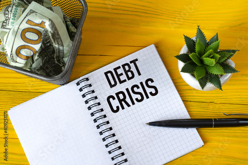 DEBT CRISIS - written in a notebook on a yellow wooden background with a cactus and a stationery basket with crumpled bills photo