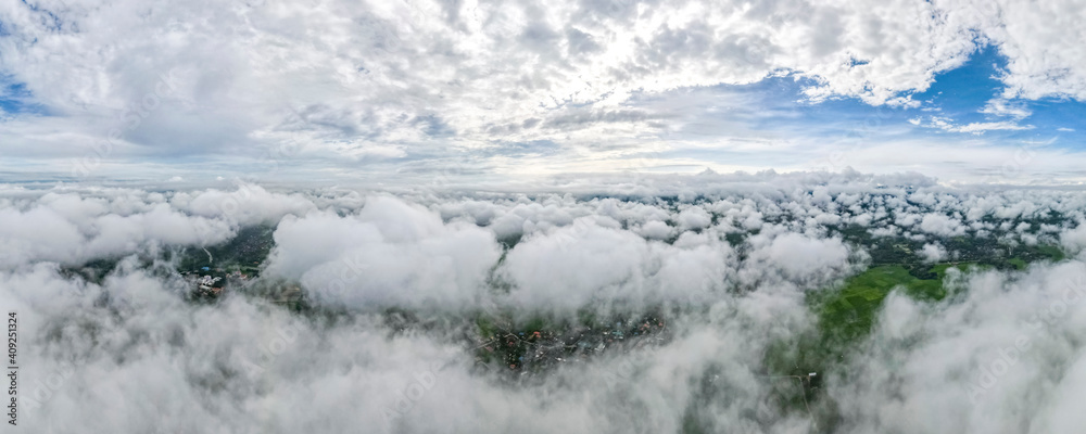Aerial drone view of Lampang city Thailand, The mist of the rainy season in the morning, The form of banners for the concept Aerial drone view of Lampang city Thailand, The mist of the rainy season in the morning, The form of banners for the concept